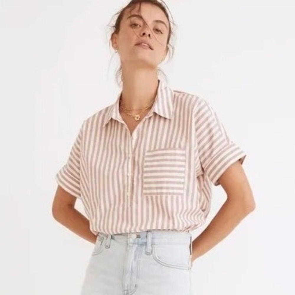 Casa Cabana Darcy Dusty Rose Striped Button Down Nautical Beach Casual Pocket -L